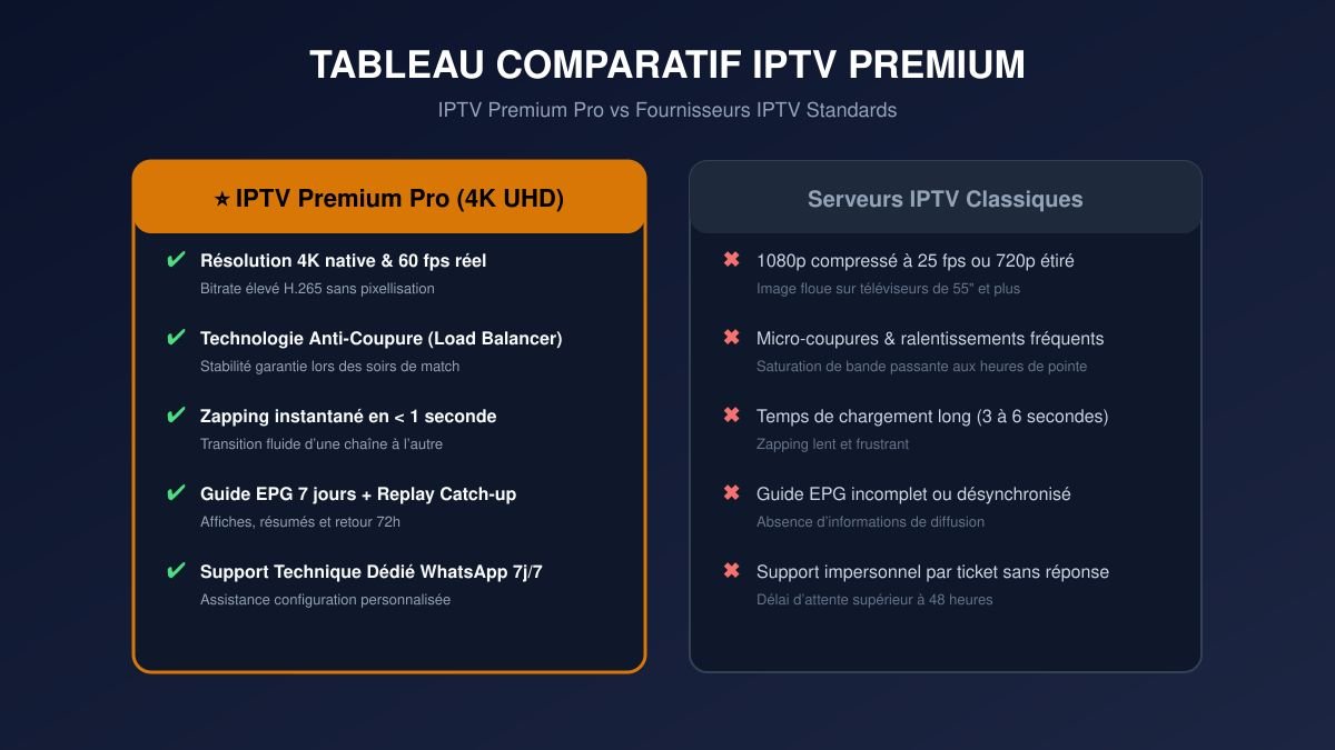 Tableau comparatif IPTV Premium Pro vs fournisseurs classiques